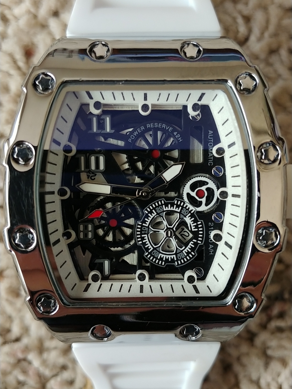 Silver-Tone Skeleton Dial Watch with White Strap